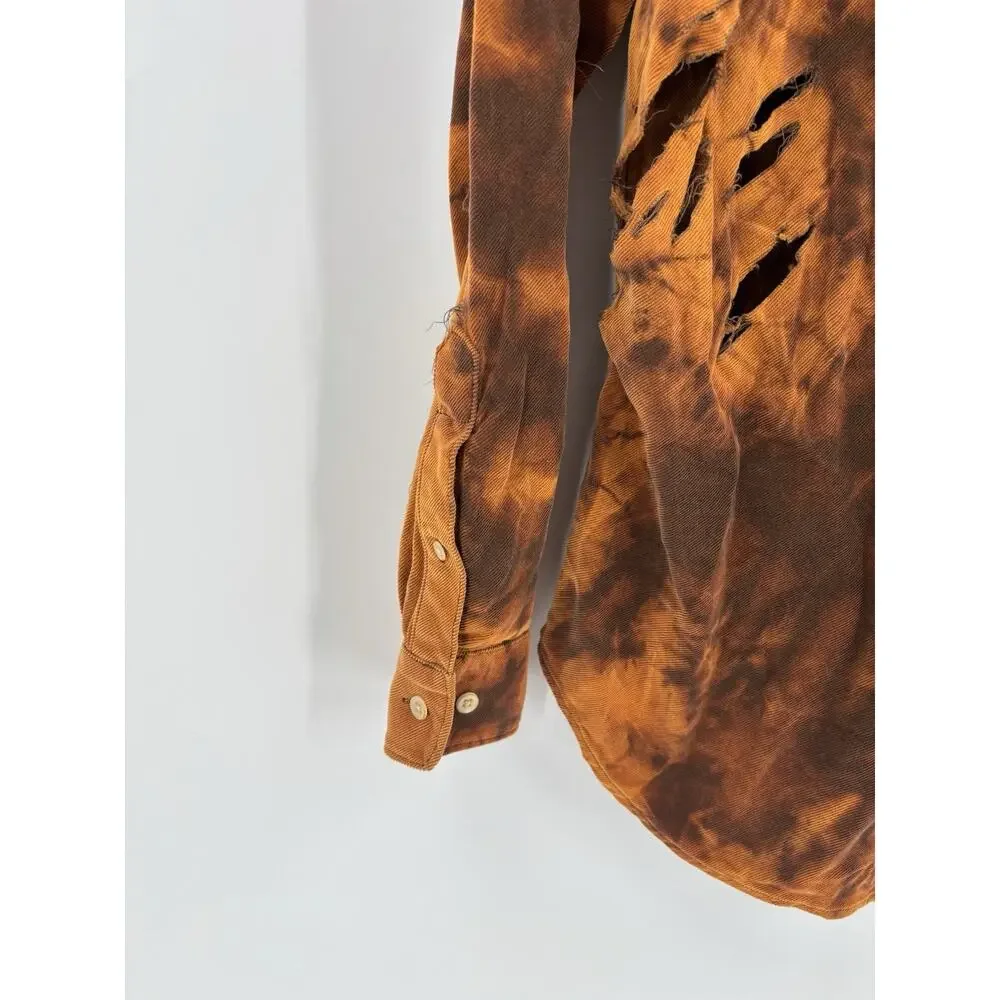 Tommy Bahama Button Down Mens Medium Orange Brown Corduroy Tie Dye Distressed